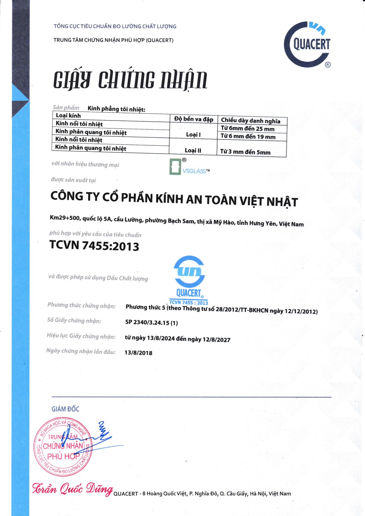 Giấy chứng nhận TCVN 7455:2013 cho sản phẩm kính phẳng tôi nhiệt của Công ty Cổ phần Kính An Toàn Việt Nhật